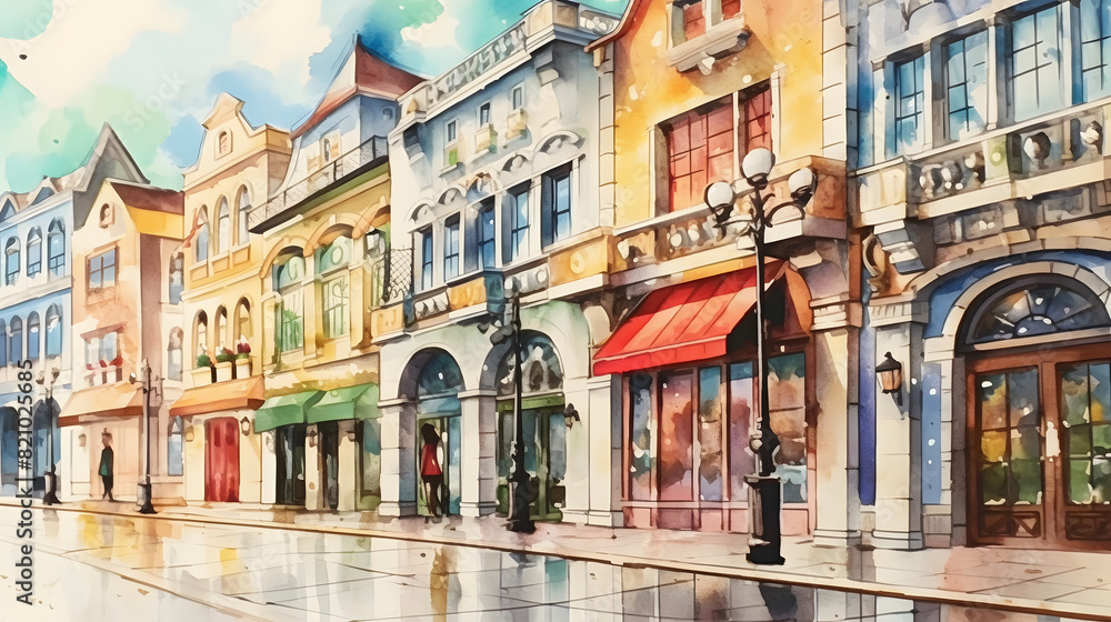 Fototapeta premium Shopping Districts Watercolor