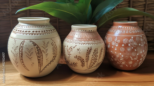 
3 vasos indianos pequenos, médios e grandes, plantas ornamentais, cena do Dia dos Pais photo