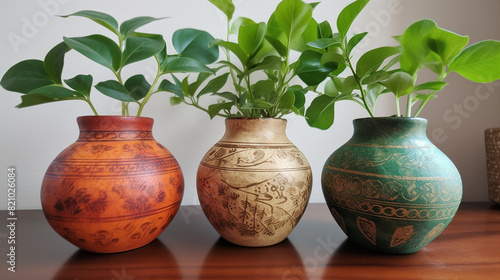 
3 vasos indianos pequenos, médios e grandes, plantas ornamentais, cena do Dia dos Pais photo