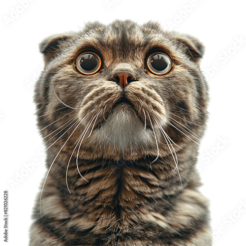 Close up of a cat feeling scared with wide eyes and ears back die cut PNG style isolated on white and transparent background photo