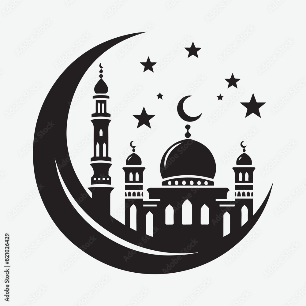 Crescent moon above the mosque vector illustration silhouette