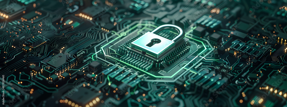 Fototapeta premium Glowing Padlock on Digital Circuit Board