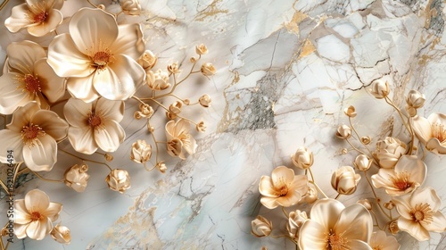 3d golden flowers on a marble background bright challenging colors wallpaper © Art Wall