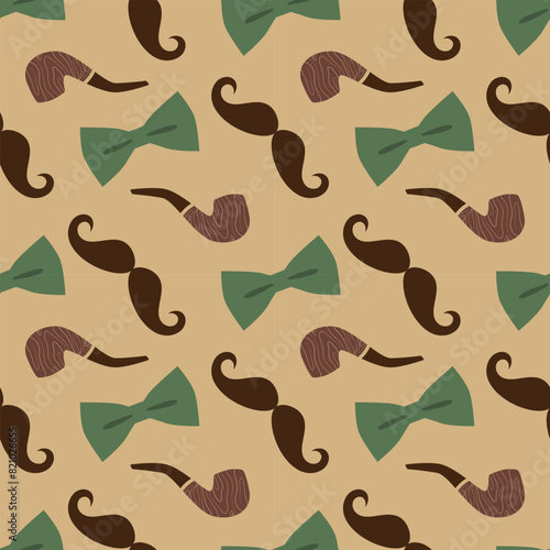 Father's day seamless pattern. Bow tie, mustache and tobacco pipe. Vector illustration for wrapping paper, background, greeting card