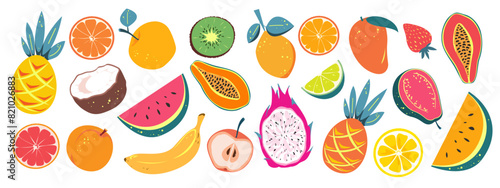 Set of tropical fruits. Watermelon  banana  pineapple  etc. Vector illustration of exotic fruits on a white background.