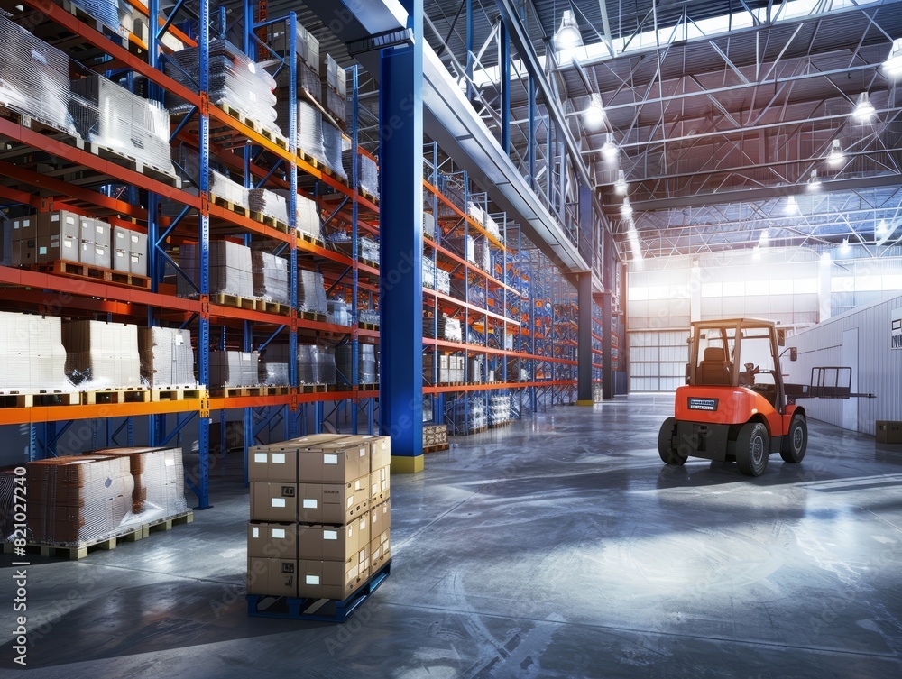 Fototapeta premium A forklift is driving through a warehouse filled with boxes