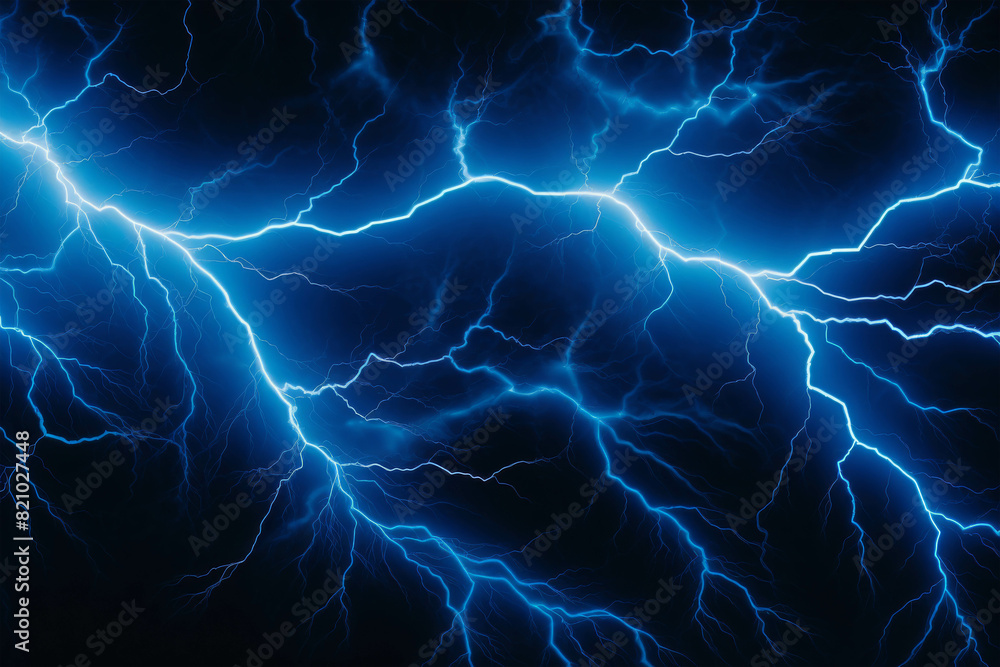 Fototapeta premium Vibrant image of blue lightning bolts illuminating the dark night sky, showcasing nature's raw energy and power.