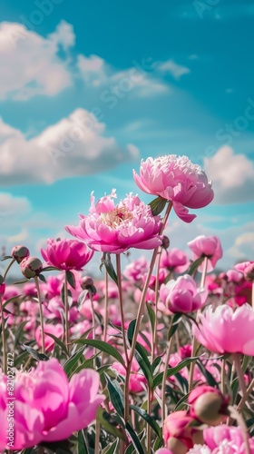 A field of pink flowers with a blue sky in the background
