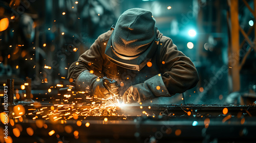 Worker in protective gear welding metal with sparks flying in an industrial setting, showcasing manufacturing and heavy industry.