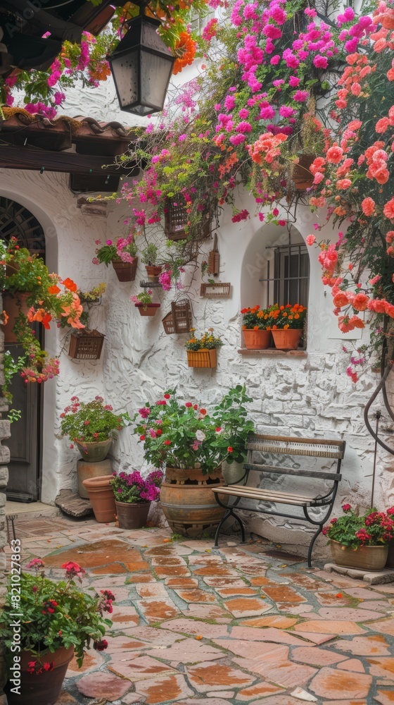 A courtyard with a bench and lots of flowers