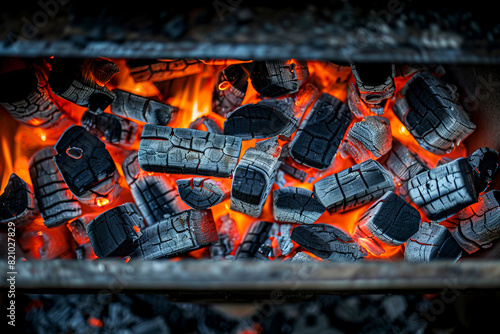 Top-down view of glowing charcoal briquettes in a barbecue, with bright red embers and blackened surface. photo