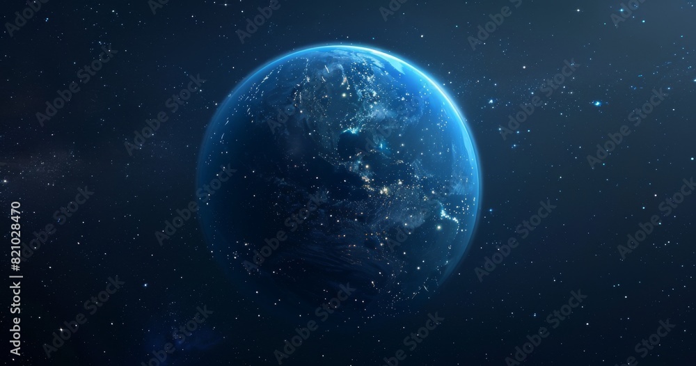 A blue planet with lights glowing in the night sky, representing Earth from space. A blue planet with lights glowing in the night sky, representing Earth from space.