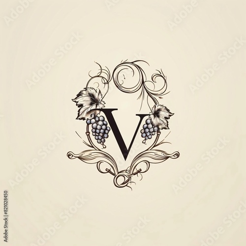Vintage letter V logo with vineyard. Elegant emblem in retro style.