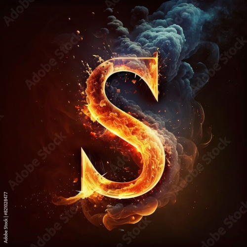 Letter S of the alphabet made of fire and smoke on a dark background
