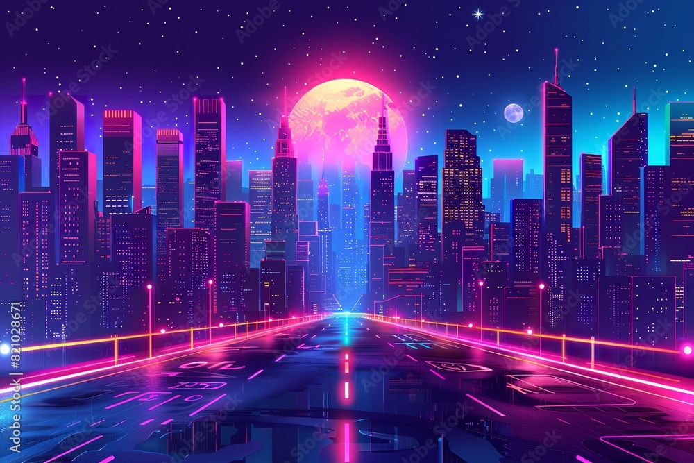 Neon light set for a nighttime city road stretch. Generative Ai