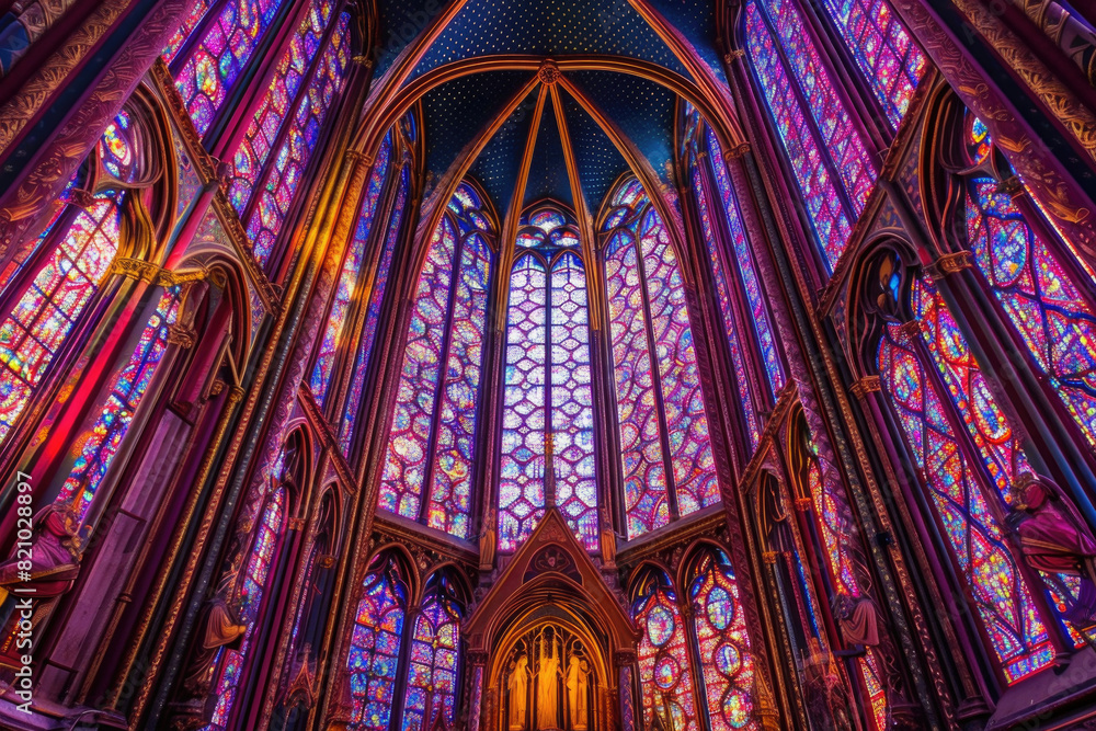 The vibrant stained glass windows of Sainte-Chapelle in Paris, glowing with intricate details
