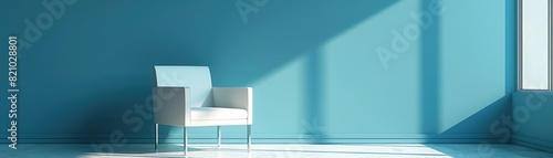 Scandinavian interior of living room concept  white armchair on blue wall.