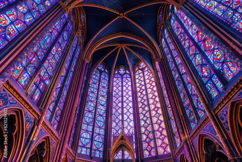 The vibrant stained glass windows of Sainte-Chapelle in Paris, glowing with intricate details