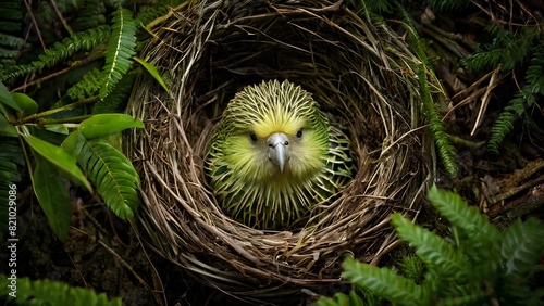 Kakapo (Strigops habroptilus) Ground nests in New Zealand forests. The nest is in a forest with lots of green foliage photo
