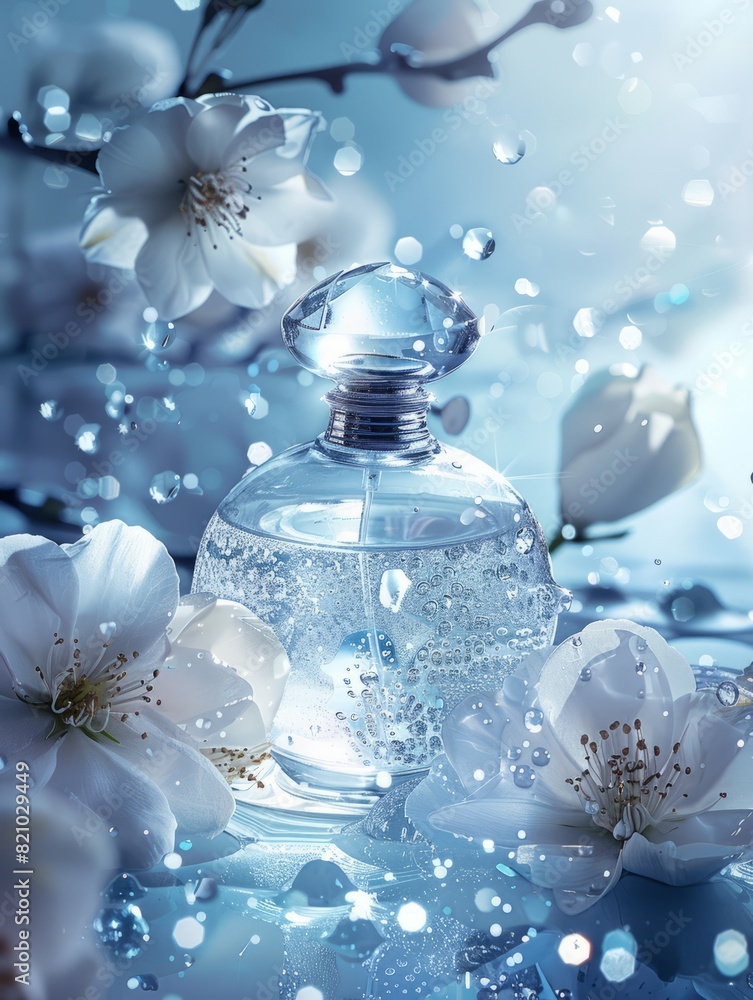 Perfume with white flower background and crystal clear water, Perfume with white flower background and crystal clear water,
