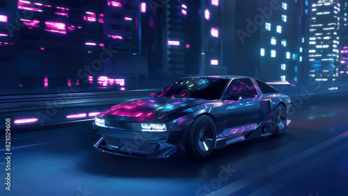 3d render car driving on the city streets at night with neon lights and in a cyberpunk style