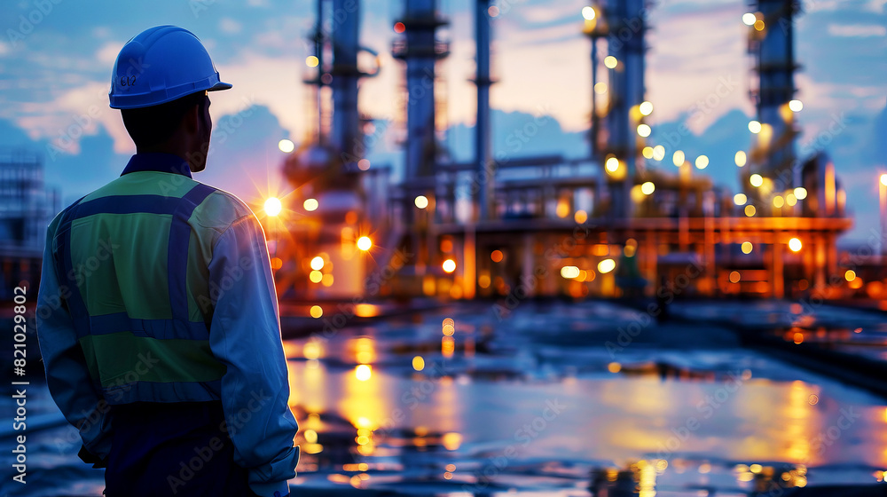 Silhouette of a worker in safety gear and helmet at an illuminated industrial site during twilight with reflections on wet ground. Silhouette of a worker in safety gear and helmet at an illuminated industrial site during twilight with reflections on wet ground.