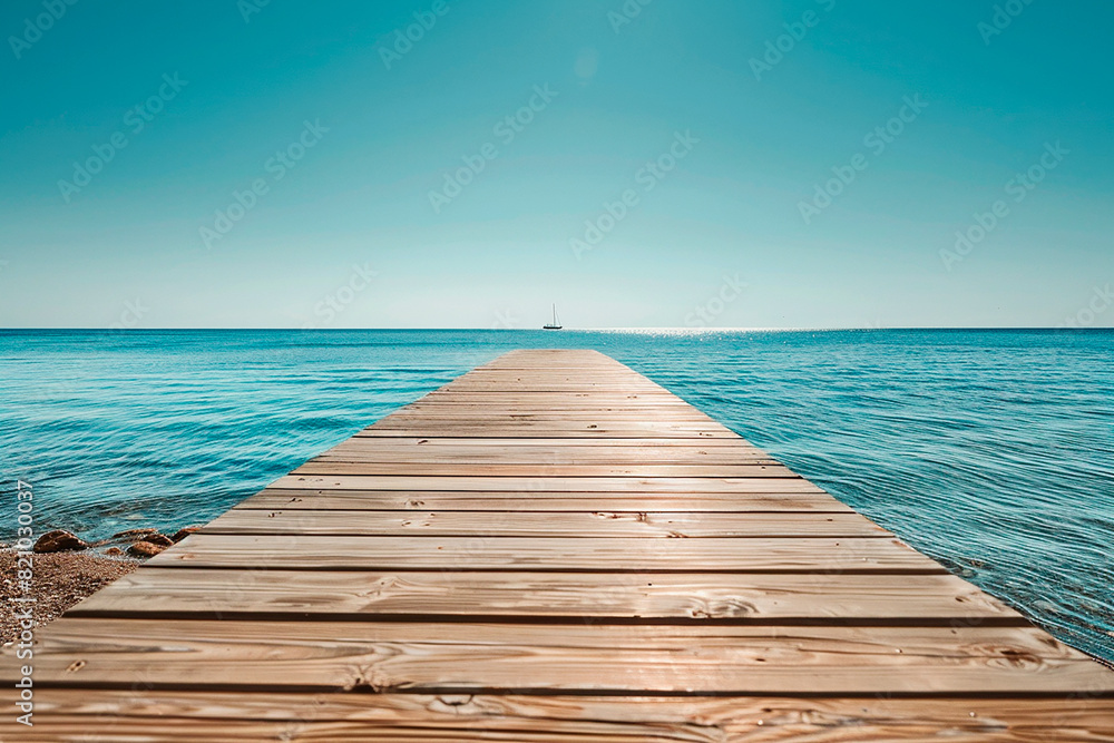 A wooden pier with a boat in the water