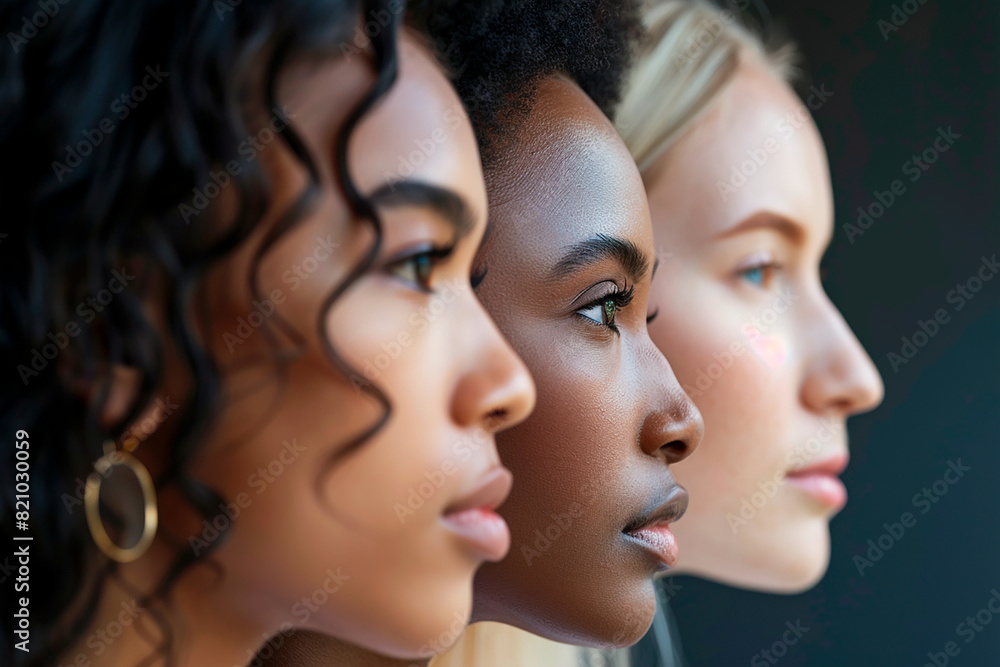 Three women with different hair colors and features stand side by side Three women with different hair colors and features stand side by side