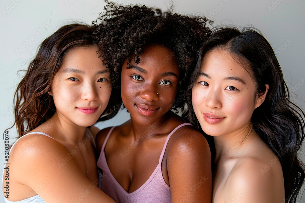 Three women with different skin tones are posing for a photo Three women with different skin tones are posing for a photo