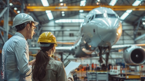 Two engineers in hard hats looking at an airplane in a hangar. aircraft, maintenance, service photo