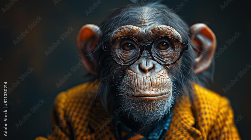old monkey dressed in an elegant modern suit with a nice tie fashion portrait of an anthropomorphic animal shooted in a charismatic human attitude .illustration stock image old monkey dressed in an elegant modern suit with a nice tie fashion portrait of an anthropomorphic animal shooted in a charismatic human attitude .illustration stock image