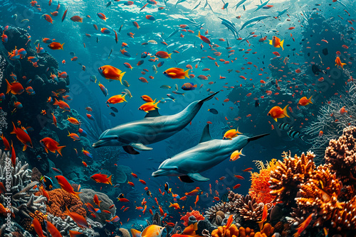 Two dolphins swimming in a sea of fish