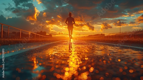 athletic runner silhouette training in a stadium at sunset preparing sports competition olympic games.illustration stock image photo
