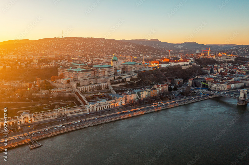 Top view of city of Budapest at sunset