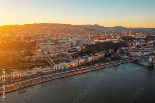 Top view of city of Budapest at sunset