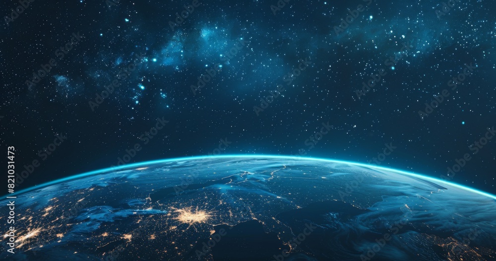 Earth from Space: Glowing City Lights on Dark Blue Background
Earth from Space: Glowing City Lights on Dark Blue Background