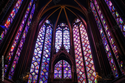 The vibrant stained glass windows of Sainte-Chapelle in Paris, glowing with intricate details