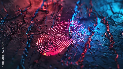 Stylized fingerprint with a neon glow effect on a dark, gritty texture