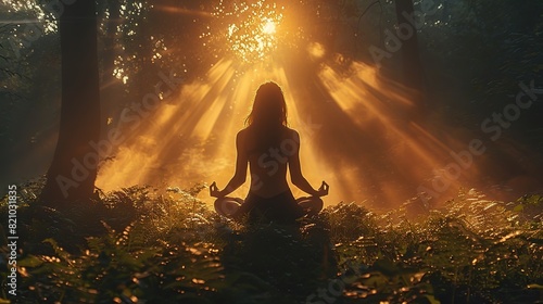 a woman in lotus pose in nature practicing yoga meditation in a forest mindfulness until spiritual awareness and nirvana inside mystical light effects.stock photo photo