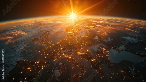 Planet Earth's western European region is depicted in stunning detail under a radiant sun, with certain elements sourced externally..illustration stock image