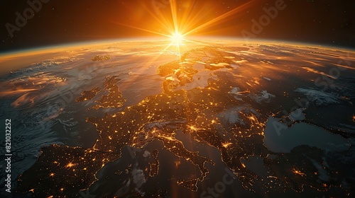 Planet Earth's western European region is depicted in stunning detail under a radiant sun, with certain elements sourced externally..illustration stock image #821032252