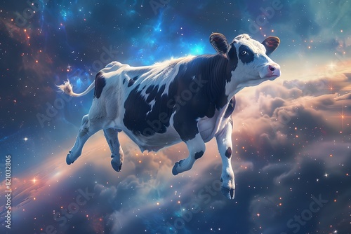 a cow floating in the sky