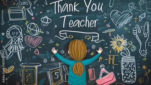 Little girl stands Thank you teacher on blackboard background