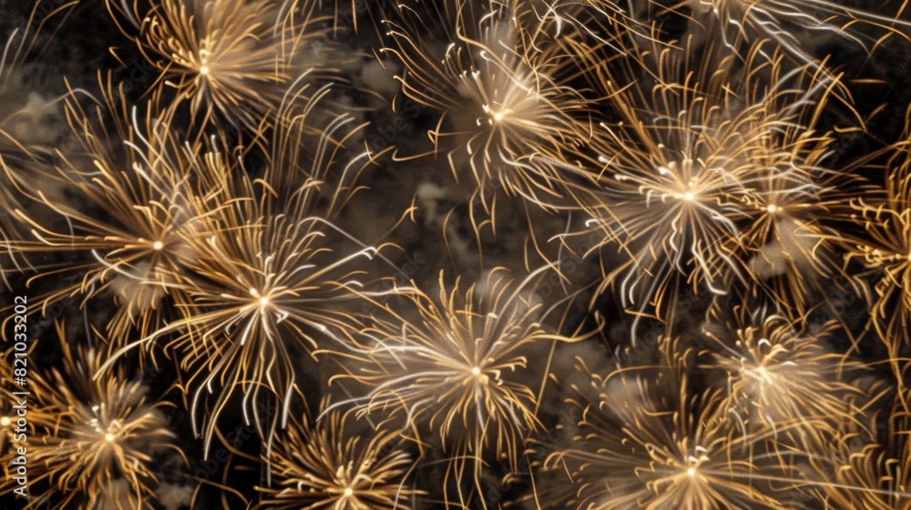 Dynamic composition of fireworks forming intricate patterns against the dark sky. Dynamic composition of fireworks forming intricate patterns against the dark sky.