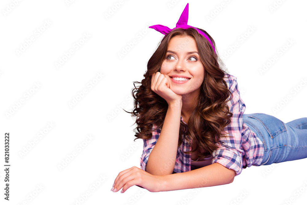 Lovely cute sweet beautiful attractive pretty lady with her hairstyle she lie down on the floor look aside isolated on vivid purple background in checkered shirt denim casual jeans Lovely cute sweet beautiful attractive pretty lady with her hairstyle she lie down on the floor look aside isolated on vivid purple background in checkered shirt denim casual jeans