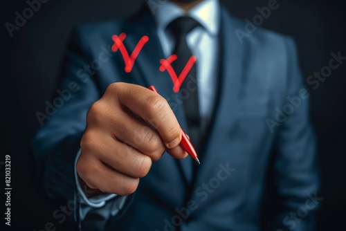 A man in a suit is holding a red pen and drawing an X on a piece of paper generated by AI photo