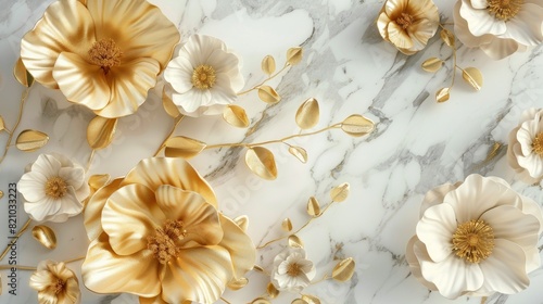 3d golden flowers on a marble background bright challenging colors wallpaper