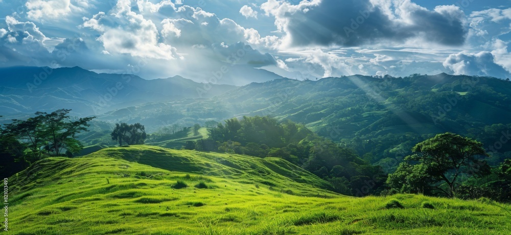 Green grassy hillside with trees and mountains, clouds and sunlight, lush vegetation, rolling hills, calm and serene nature scene evoking tranquility and harmony.