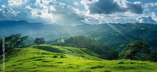 Green grassy hillside with trees and mountains, clouds and sunlight, lush vegetation, rolling hills, calm and serene nature scene evoking tranquility and harmony.