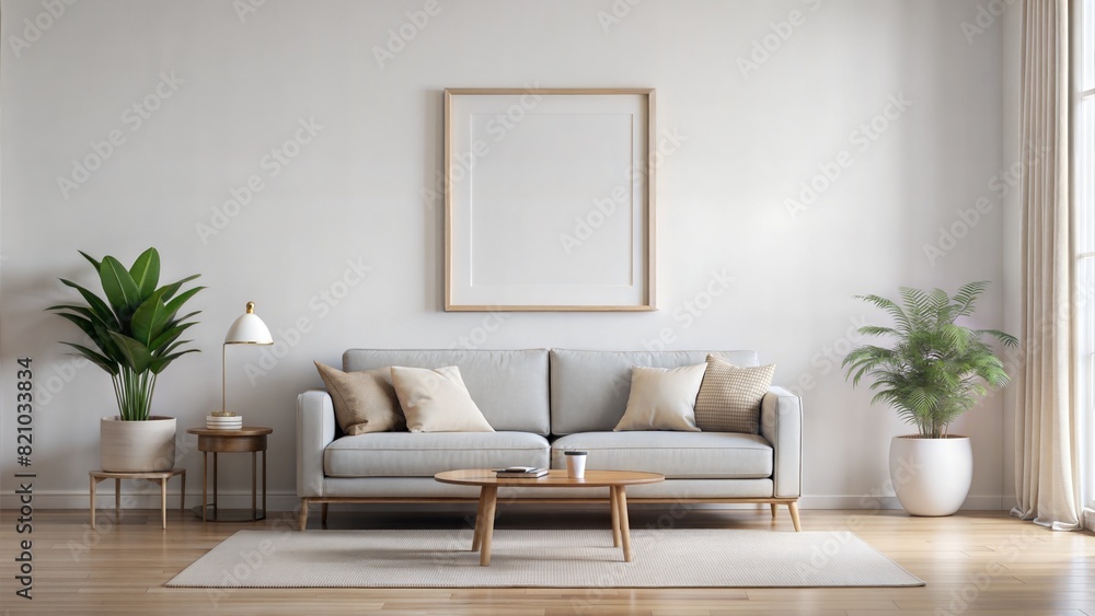 Fototapeta premium Scandinavian Living Room Frame Mockup – Gray Background: A minimalist living room with a gray wall and a thin black frame, perfect for Scandinavian style interiors.